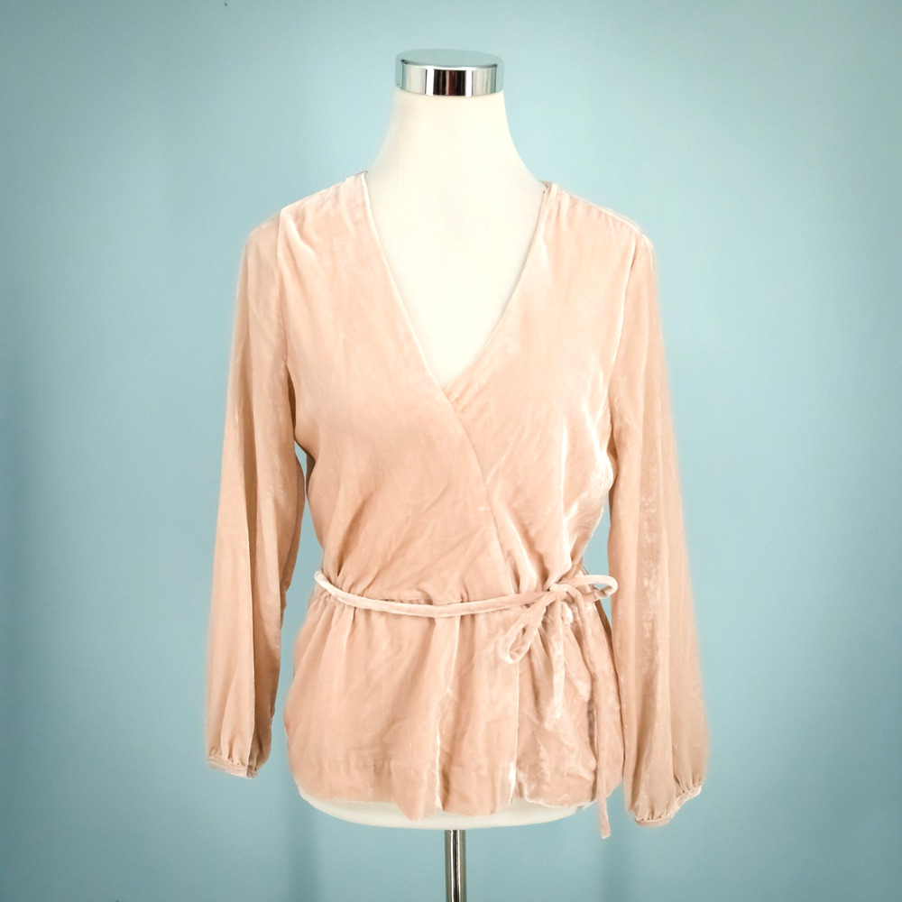 J. Crew Size 6 Pink Draped Velvet Faux Wrap V Neck Long Sleeve Tie Belt Top